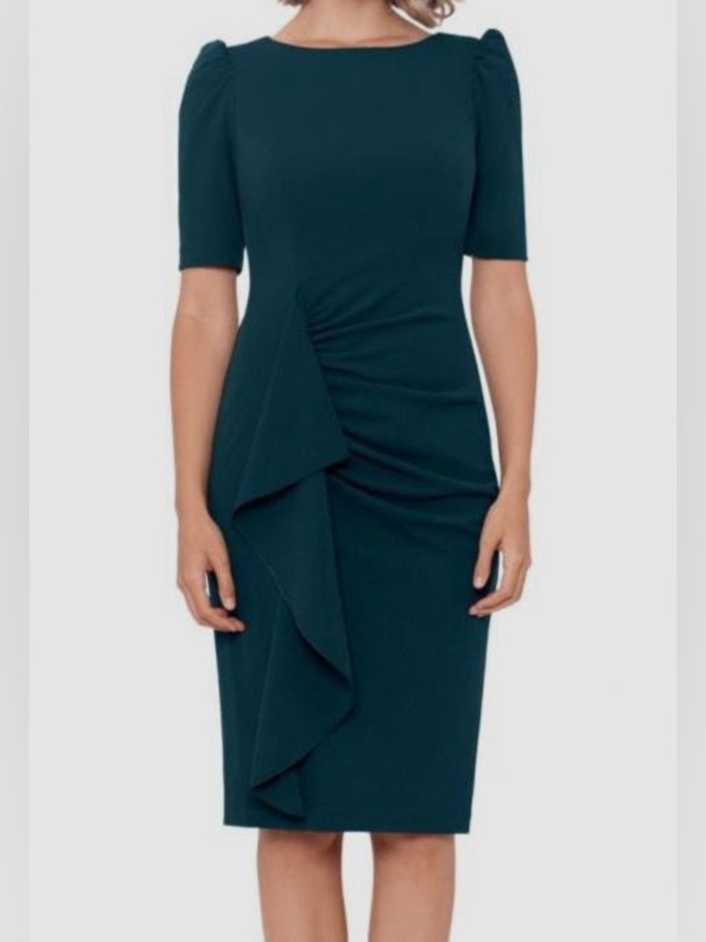 NWT Xscape Women's Teal Green Slone Short Scuba Crepe Side Ruffle Sheath Dress